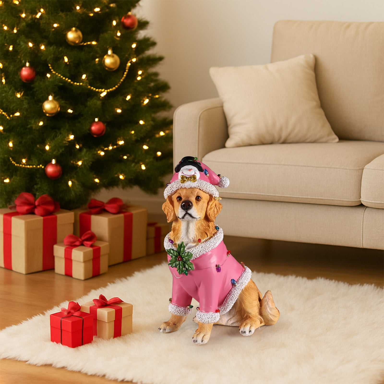 Golden Retriever Pink Santa Outfit Christmas Dog Statue with Santa Hat Holiday Tabletop Decor