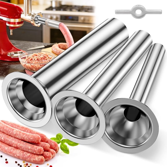 Fkszll 4Pcs Sausage Stuffer Kit,Sausage Stuffer Tubes Stainless Steel Grinder Stuffer Tubes with Retainer Holder