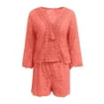 thumbnail image 5 of Curuila Womens Two Piece Set Lace V Neck Flared 3/4 Sleeves Top Shorts Solid Color Suits Elegant Fashion Casual Outfit Set Red Size L, 5 of 6