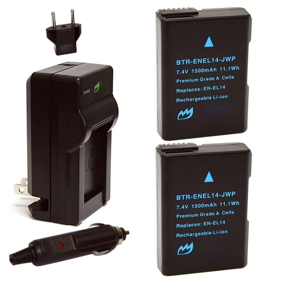 Replacement for Nikon EN-EL14a Battery (2-Pack, 1500mAh) and Charger with Car Adapter