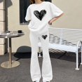 thumbnail image 5 of EnJoCho Girls Heart 2 Piece Outfit Set Kids Short Sleeve Top Baggy Legging Flared Pants Cute Graphic Casual Outfit School Trendy Little Girls Linen Short Sleeve Pants Outfit, 5 of 5
