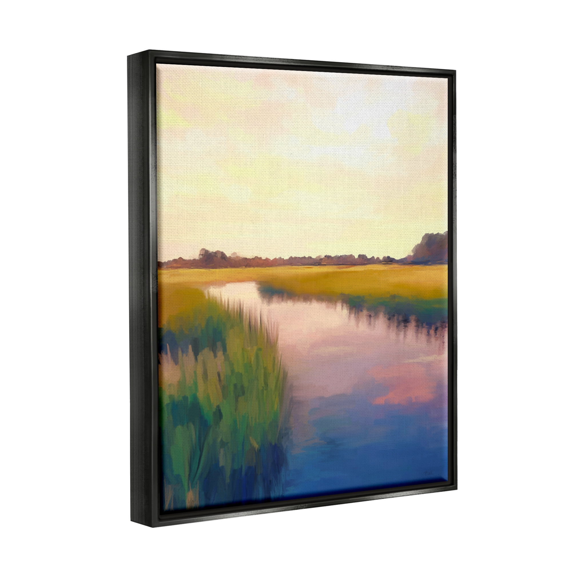Stupell Industries Rural River Sunrise Nature Painting Black Floater Framed Art Print Wall Art, 17 x 21