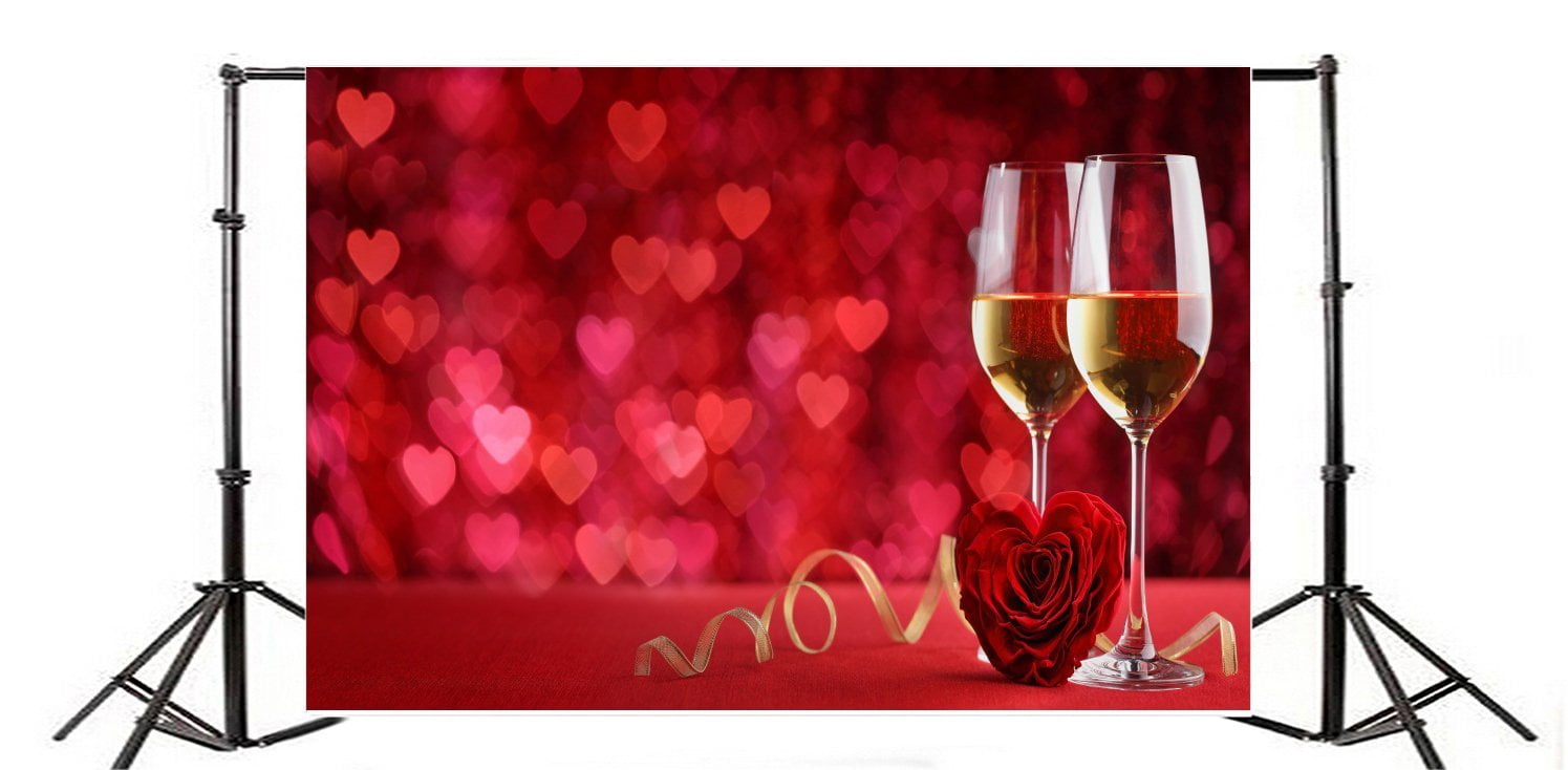 BINQOO 7x5ft Happy Valentines Day Champagne Bottles Backdrops Red Rose Valentine Eve Celebration Background for Photography Banner