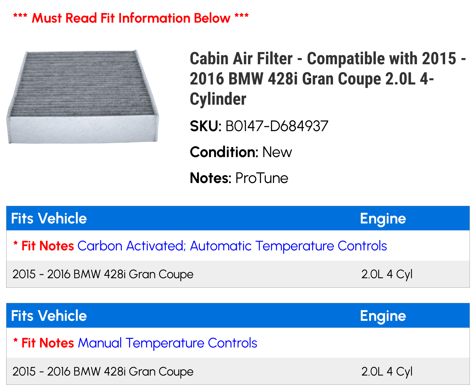Cabin Air Filter - Compatible with 2015 - 2016 BMW 428i Gran Coupe 2.0L 4-Cylinder