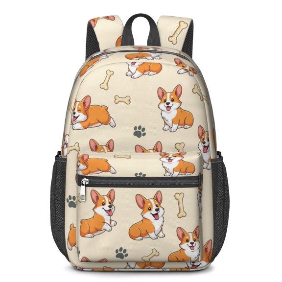 Corgi and Bone Beige Pattern 17" School Backpacks for Teens,Waterproof Oxford Fabric,S-Shape Padded Straps for School,Travel,Hiking,Camping