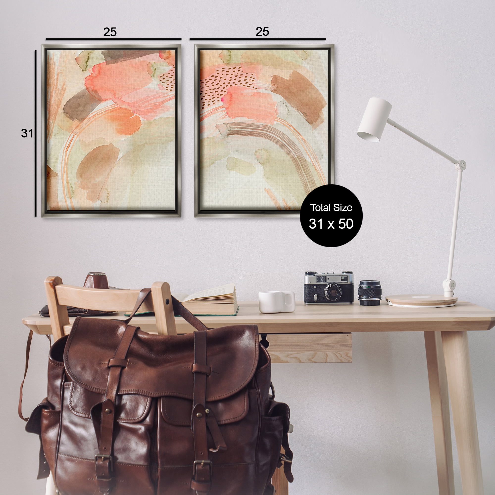 Stupell Industries Pink Peach Abstract Watercolor Abstract Painting Gray Floater Framed Canvas Art Print Wall Art, 31 x 25, Set of 2