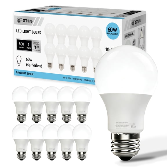 GT-Lite LED A19 Light Bulbs, 800 Lumens, 9W (60W Equivalent), E26 Base, 5000K Daylight, Non-Dimmable, 10-Pack