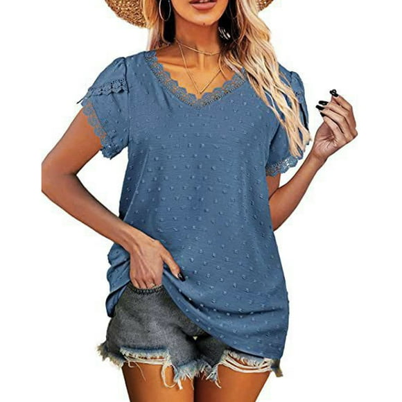 Minnieouse Camiseta de algodón para mujer, camiseta holgada de encaje de Color sólido, Top de verano para viajes, vacaciones en la playa, deportes, Prendas para la parte del cuerpo Azul claro M Minnieouse AP010362-17