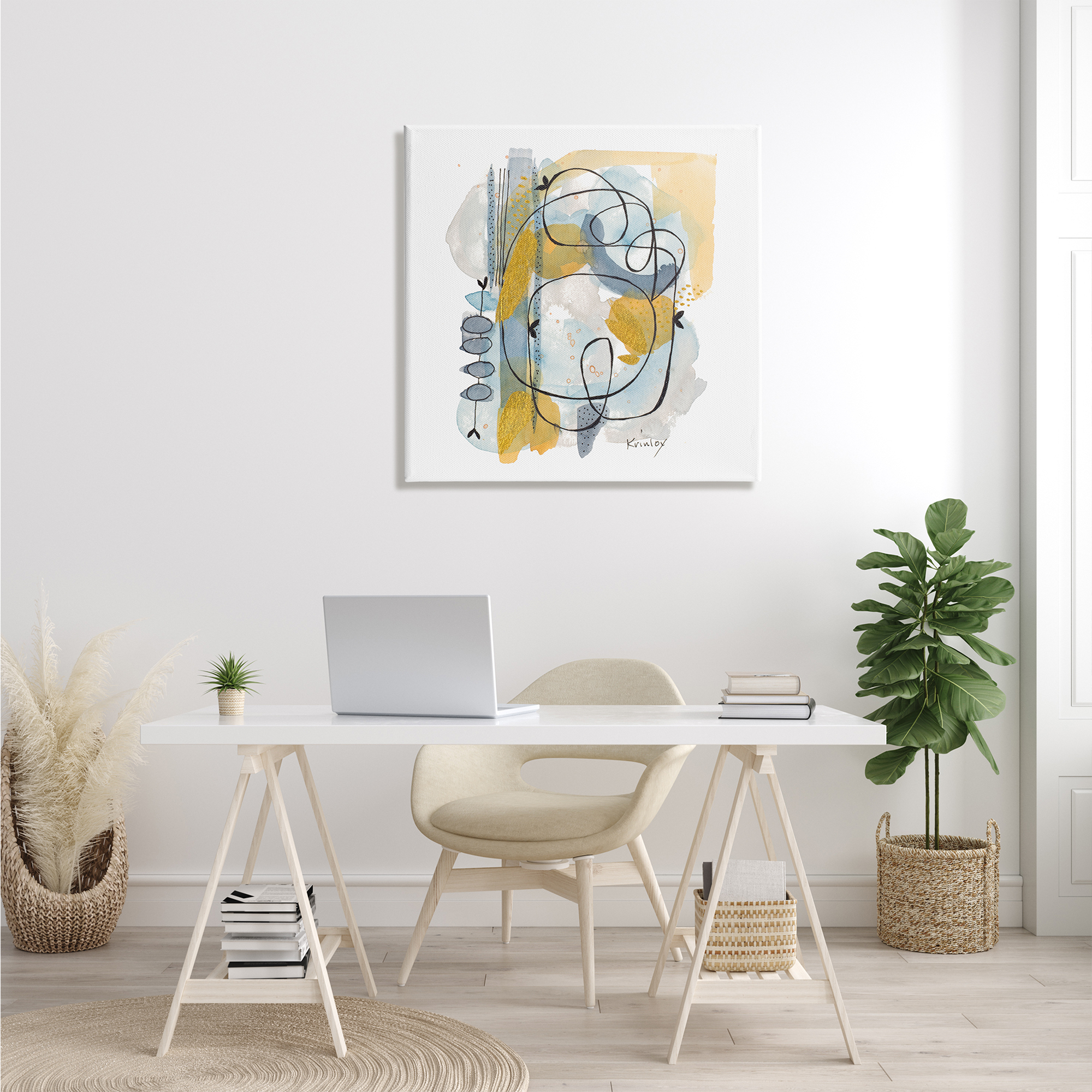 Stupell Industries Modern Leaf Line Abstraction Yellow Blue Watercolor Abstract Painting Gallery Wrapped Canvas Print Wall Art, 30 x 30