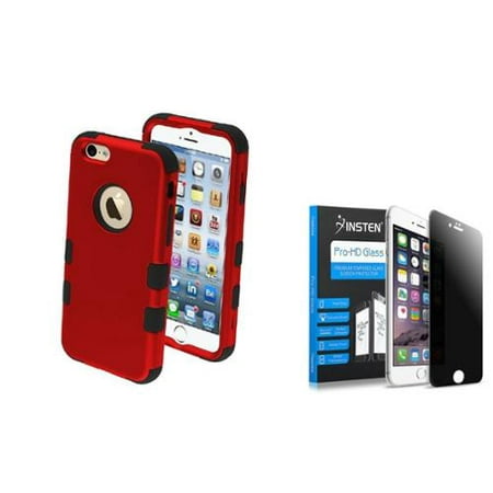 Insten Hybrid 3-Layer Hard PC Outer/Silicone Inner Case for iPhone 6 6s - Red/Black (+ Privacy Anti-Spy Tempered Glass Screen Protector Shield