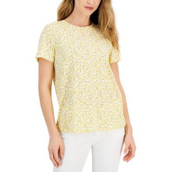 MSRP $20 Style & Co Women Floral Cotton T-Shirt Yellow Size Large