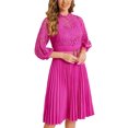 thumbnail image 4 of INSPIRE CHIC Women's Dress Floral Lace Sheer Mesh 3/4 Sleeves Belted Panel A-Line Pleated Dresses M Hot Pink, 4 of 6