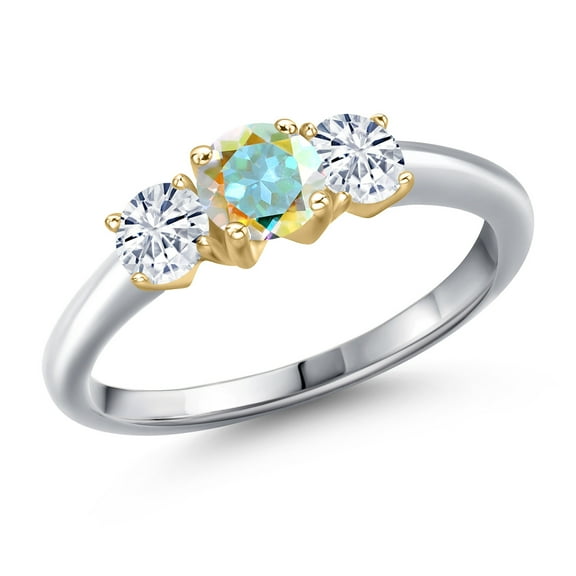 Gem Stone King 925 Silver and 10K Yellow Gold Mercury Mist Mystic Topaz and White Moissanite Engagement Ring for Women | 1.01 Cttw | Round 5MM | Gemstone November Birthstone | Size 8