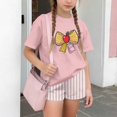 thumbnail image 4 of LvhaoGJOB Little Kids Girls T-Shirt and Shorts Outfit Set, Beige - large Pink bow graphic, notebook print with pink bow, 4 of 6