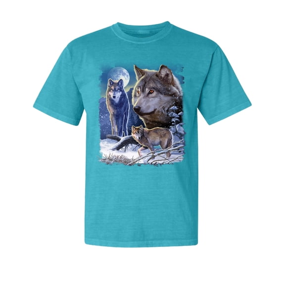 Wild Bobby, Wolves and The Moon in The Winter Night, Animal Lover, Garment-Dyed Washed Look Short Sleeve T-Shirt, Blue Lagoon, Small