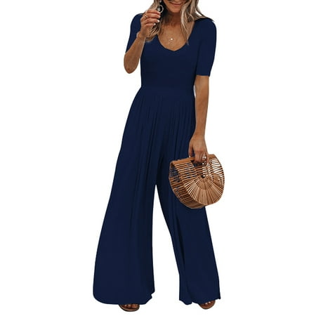 US Women Summer Short Sleeve Loose Baggy Boho Jumpsuits Playsuits Trousers Wide Leg V Neck Long Beach Holiday