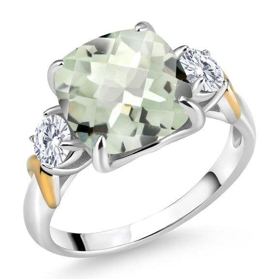 Gem Stone King 925 Silver and 10K Yellow Gold Green Prasiolite and Moissanite 3 Stone Ring for Women (4.21 Cttw, Gemstone Birthstone, Cushion 10MM, Round 4MM, Size 8)