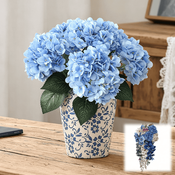Artificial Hydrangea Flowers, 17.7 Inch 5-Head Faux Floral, UV Resistant and Weather-Resistant, Realistic Silk Flowers for Front Porch, Garden, Yard and Wedding Decor