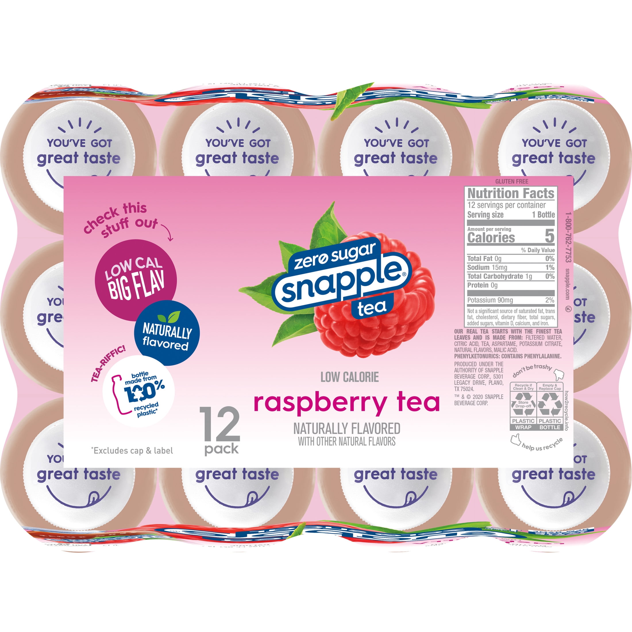 Snapple Zero Sugar Raspberry, Bottled Tea Drink, 16 fl oz, 12 Bottles