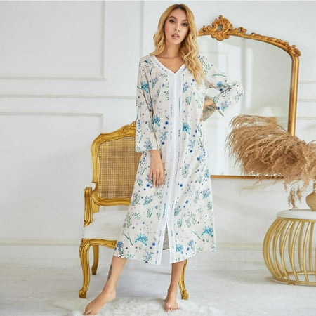 

Spring Ladies Printed Nightdress Long Sleeve Pajamas Casual Homewear Beige 2XL
