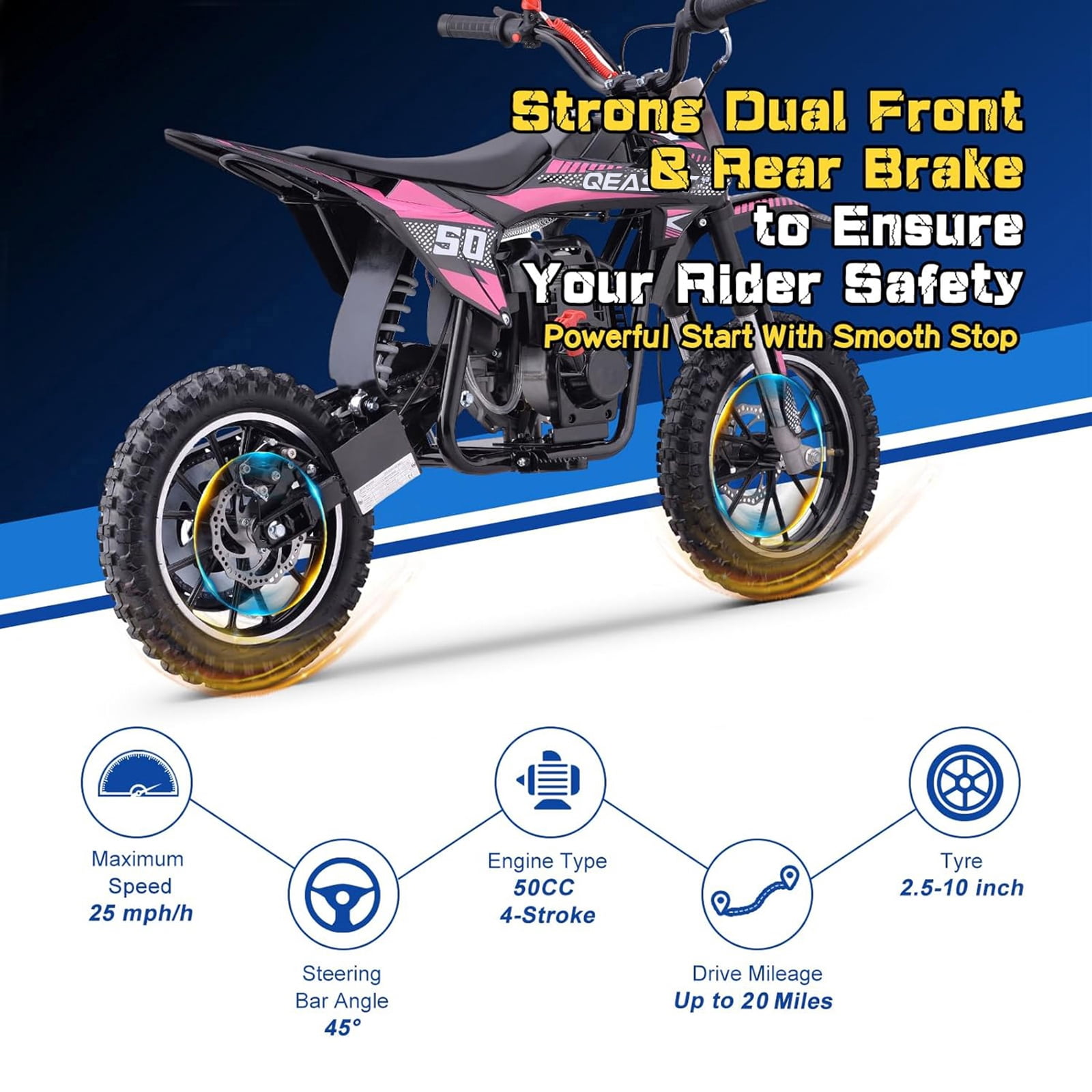 QEASET Gas Mini Dirt Bike, 39.4 CC 4-Stroke Dirt Bike, Rear Shock Absorber, Metal Frame, Disc Brakes, Max Load 165Lbs, Up to 20Mph, No Oil Mix Require, Pink