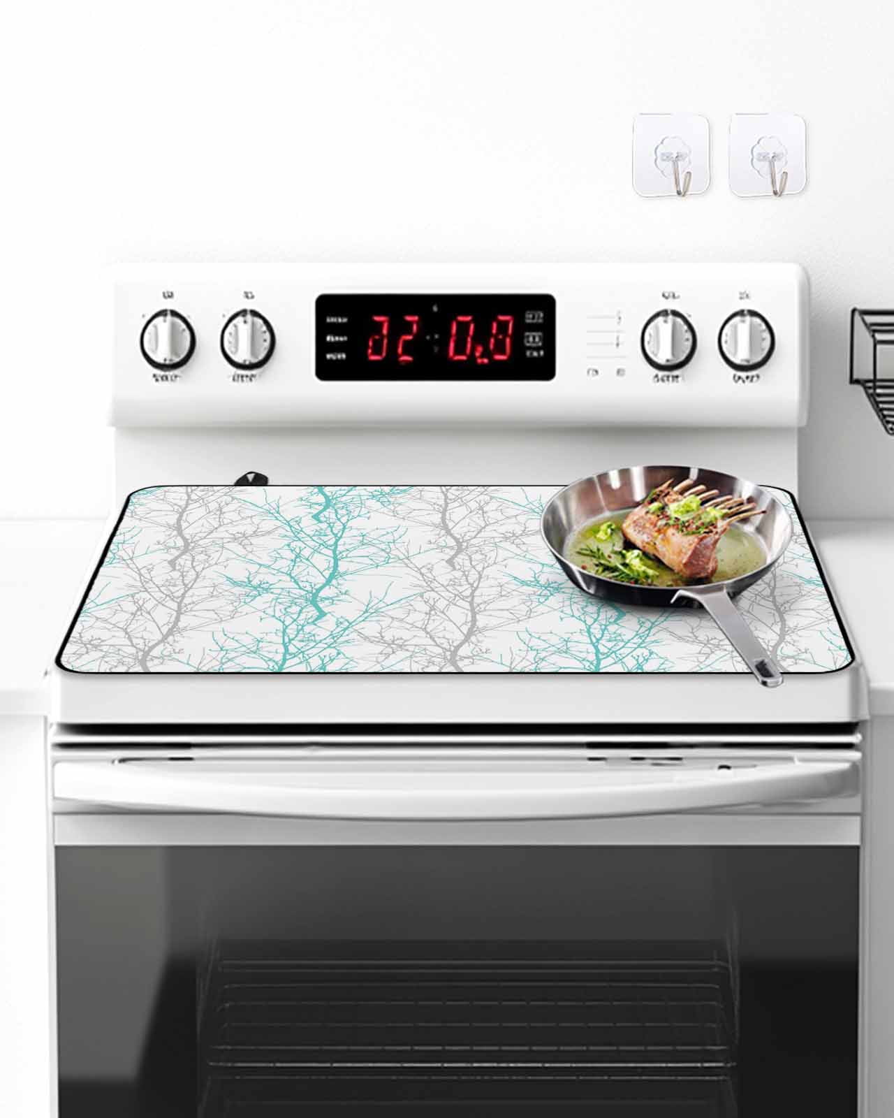 Stove Top Covers for Electric Stove, Teal Grey Branch Glass Stovetop Cover Protector, Spring Summer Pastoral Botanical Induction Cooktop Protector Oven Mat for Kitchen Countertop 24"x21"