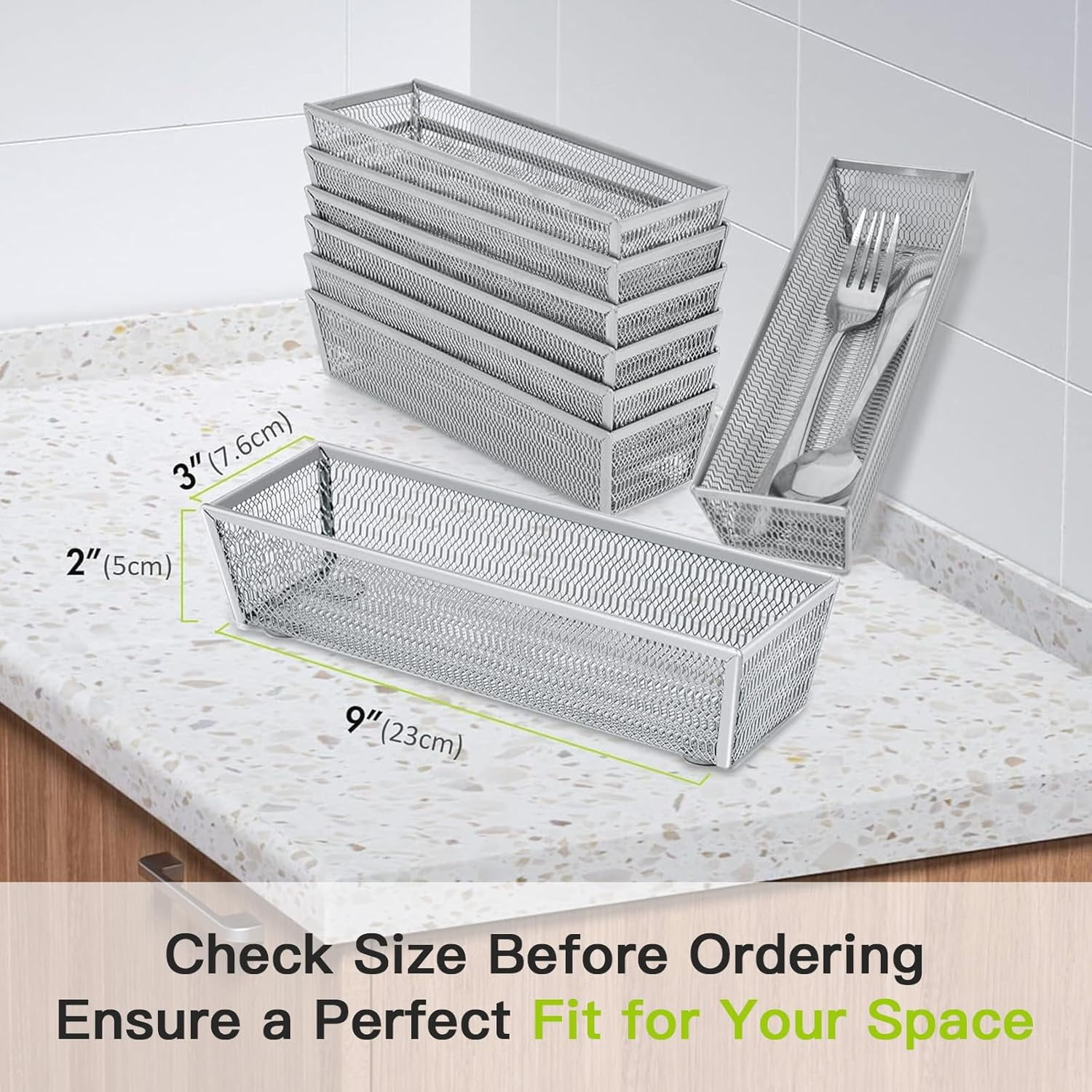 Silverware Organizer,Mesh Drawer Organizer for Kitchen，Metal Utensil Flatware, Knives, Spoons,Cosmetic (Silver 9 * 3 2 inch Pack6)
