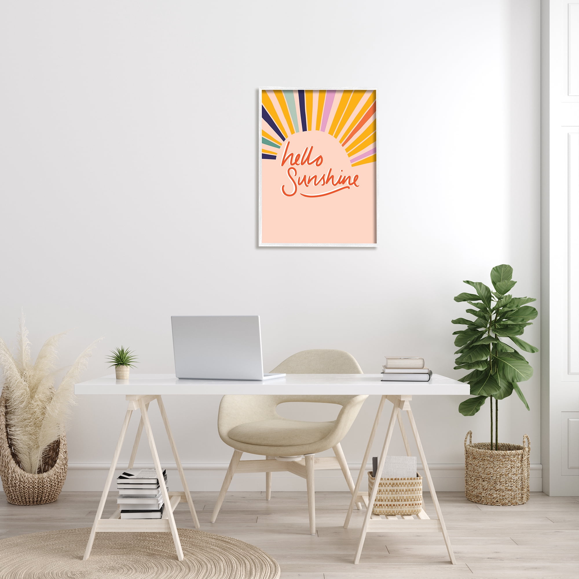 Stupell Industries Hello Sunshine Exclamation Sunrise Rainbow Rays Graphic Art White Framed Art Print Wall Art, 24x30, by Heather McLaughlin