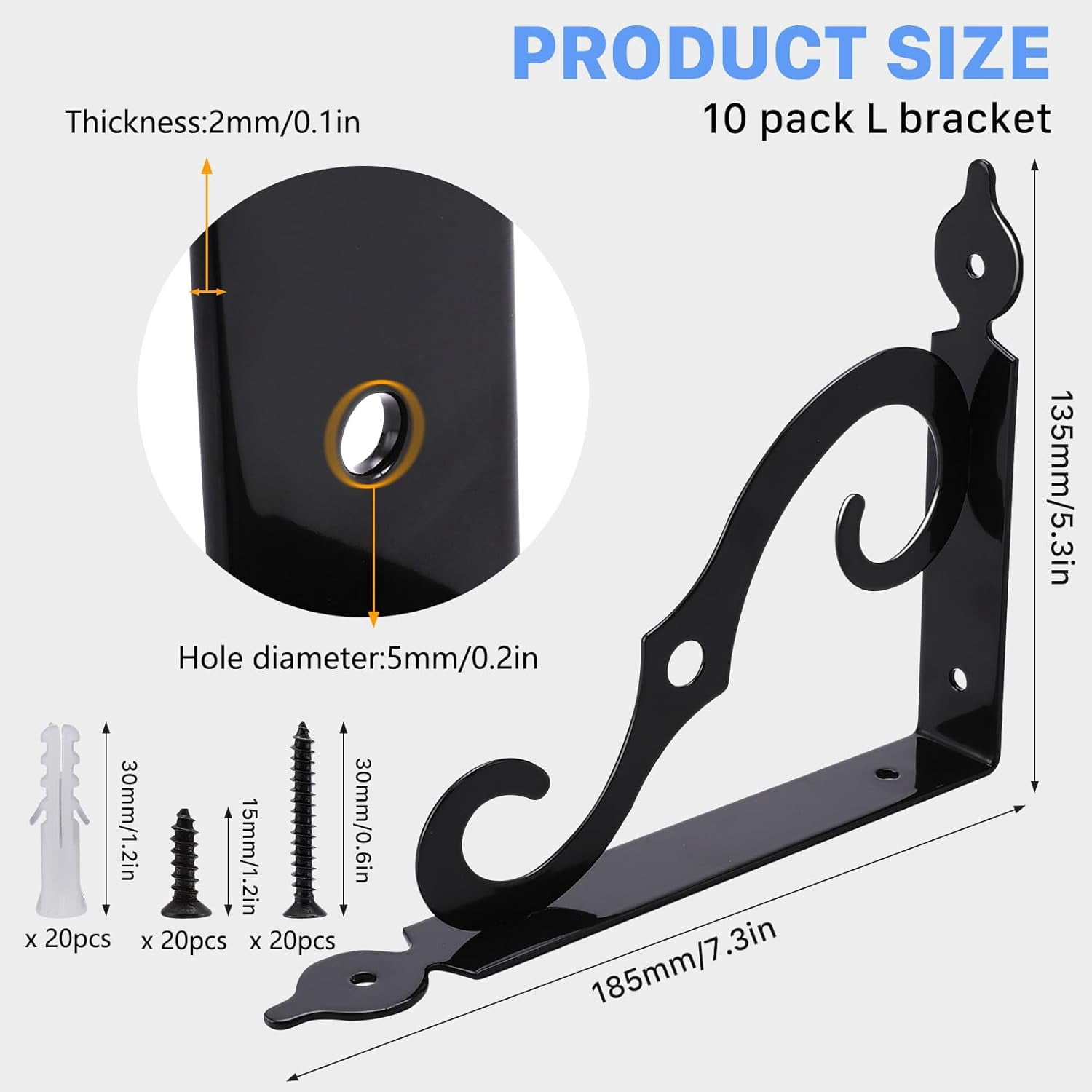 10 Pack Decorative Shelf Brackets,7.4Inch Wall Mounted L Shape Shelf Bracket,Heavy Duty Shelf Brackets for Shelves,Metal Corner Brace Right Angle Bracket Shelf Support with Screws,Black