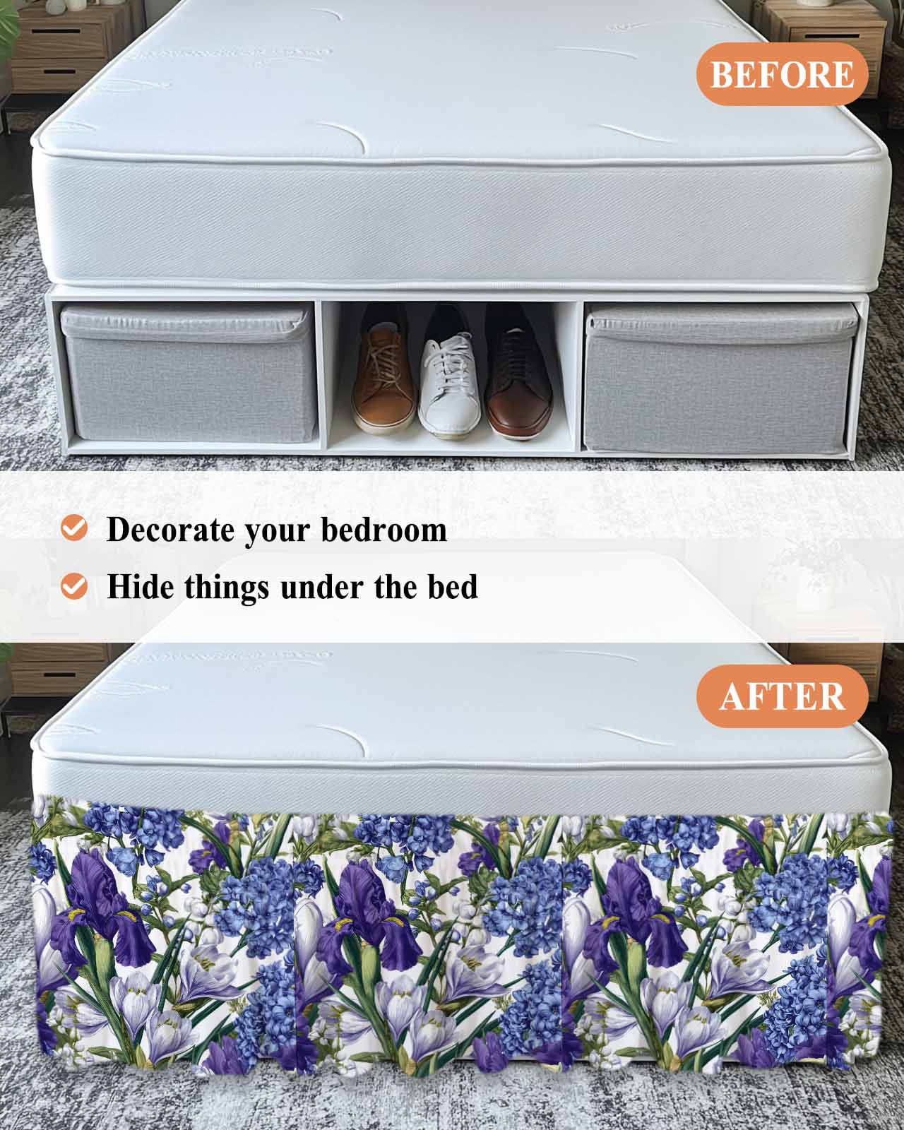 Spring Flower Bed Skirt Queen Size 16 Inch Drop, Retro Blue Hydrangea Purple White Floral Green Leaf Adjustable Elastic Dust Ruffles Bedskirt for Queen Bed Wrap Around Pleated Mattress Frame Cover