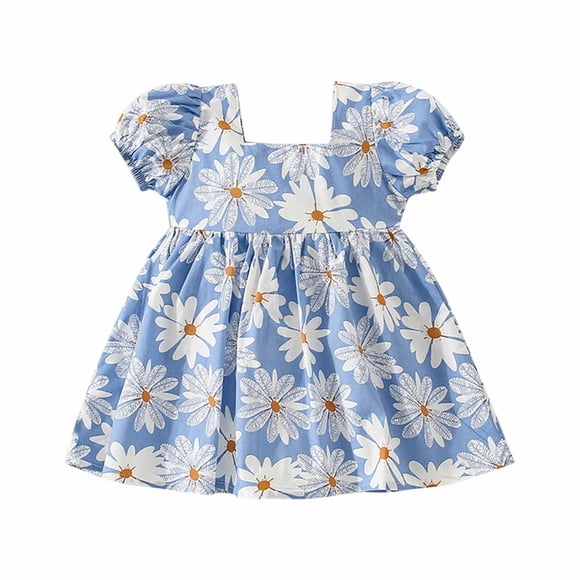 Zwiiyzr Boho Baby Dress Toddler Girl Summer Daisy Round Neck Bubble Sleeve Bow Short Sleeve Dress for 6 Months-3 Years Baby Clothes Blue