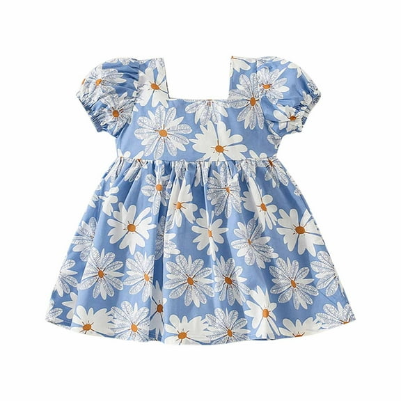 Odeerbi 6M-3Y Infant Girls Cute Dresses Cotton Dress Toddler Summer Daisy Dress Round Neck Bubble Short Sleeve Bow Floral Dress Baby Clothes Blue