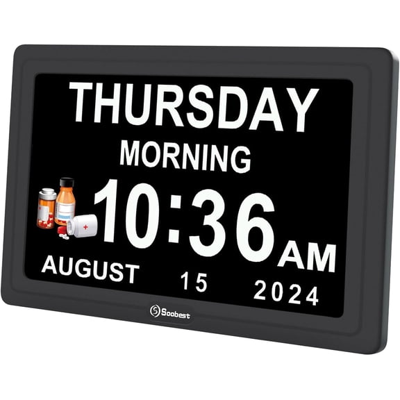 Dementia Digital Clock for Seniors Elderly, 20 Alarm Reminders 3 Ringtones Memory Loss Alzheimers, Electric Time Date Day Large Display Calendar Clock, Auto DST, 1024 * 600P HD