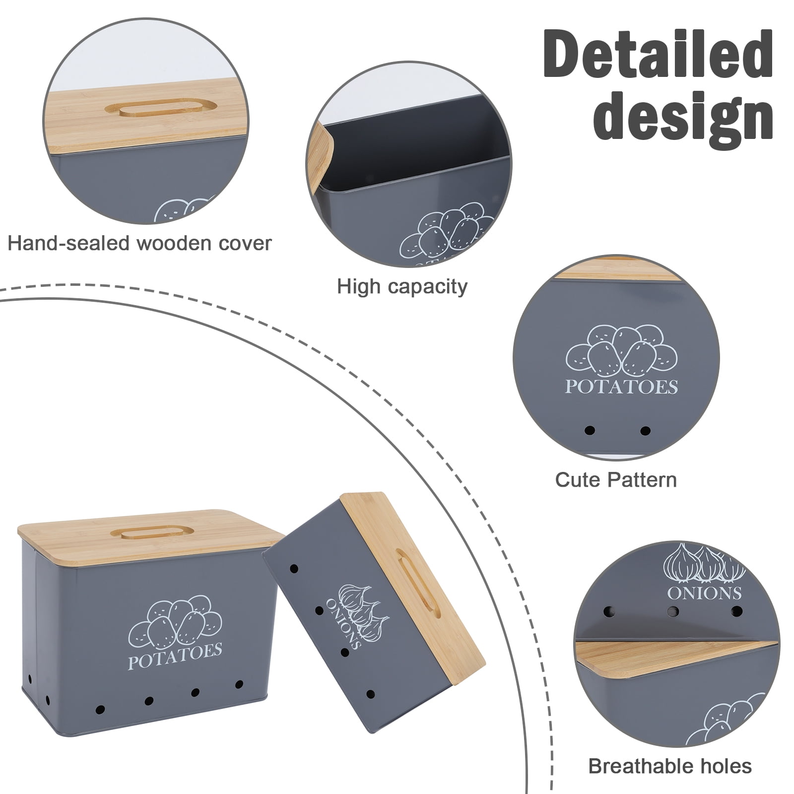 Pethiy Potato and Onion Storage Canisters - 2-Pack Kitchen Storage Bin Set, Durable Potato Storage Box with Aerating Holes for Freshness and Long Shelf Life,Gray