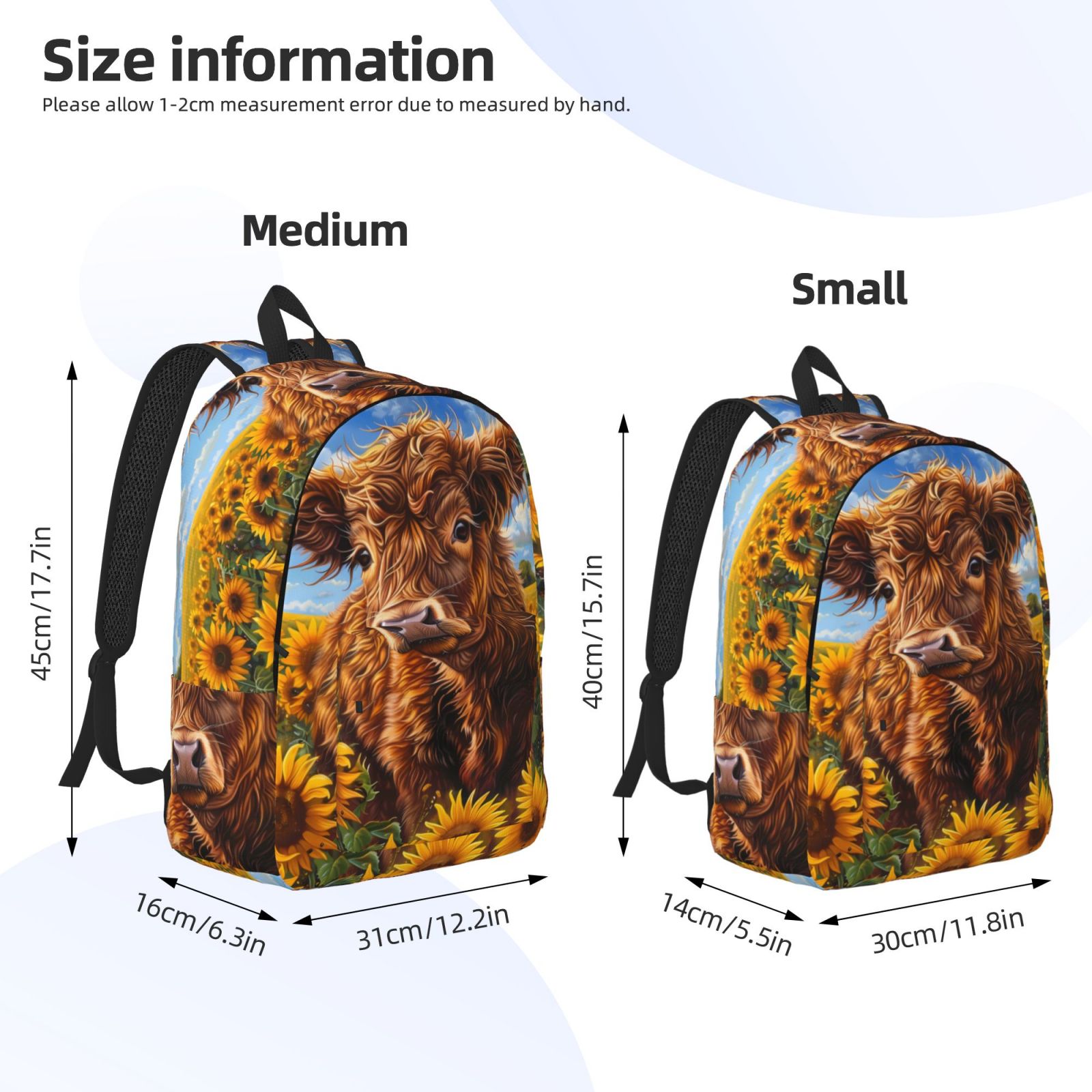 Picia Cloud Sky Sunflower Cow Printed Canvas Daypack - Stylish and Durable Vintage Compact Backpack - Class, Work, Travel, or Laptop Bookbag,Organized Compartments-Small