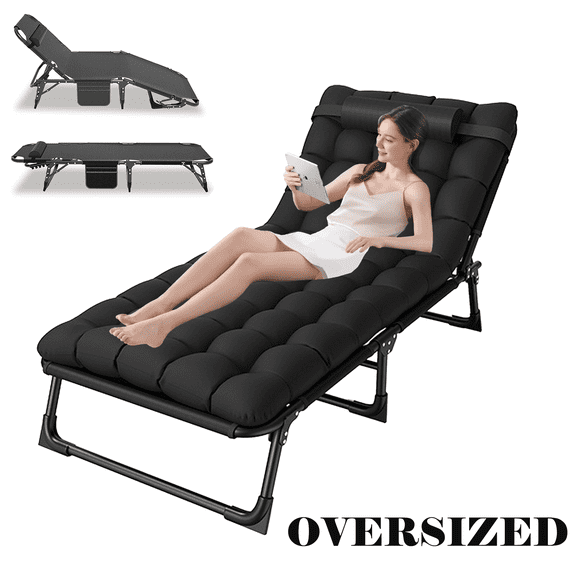 SERABETTO Camping Cots,Outdoor Folding Sleeping Cot/Mat,Folding Chaise Lounge Chair with Pillow (Black)