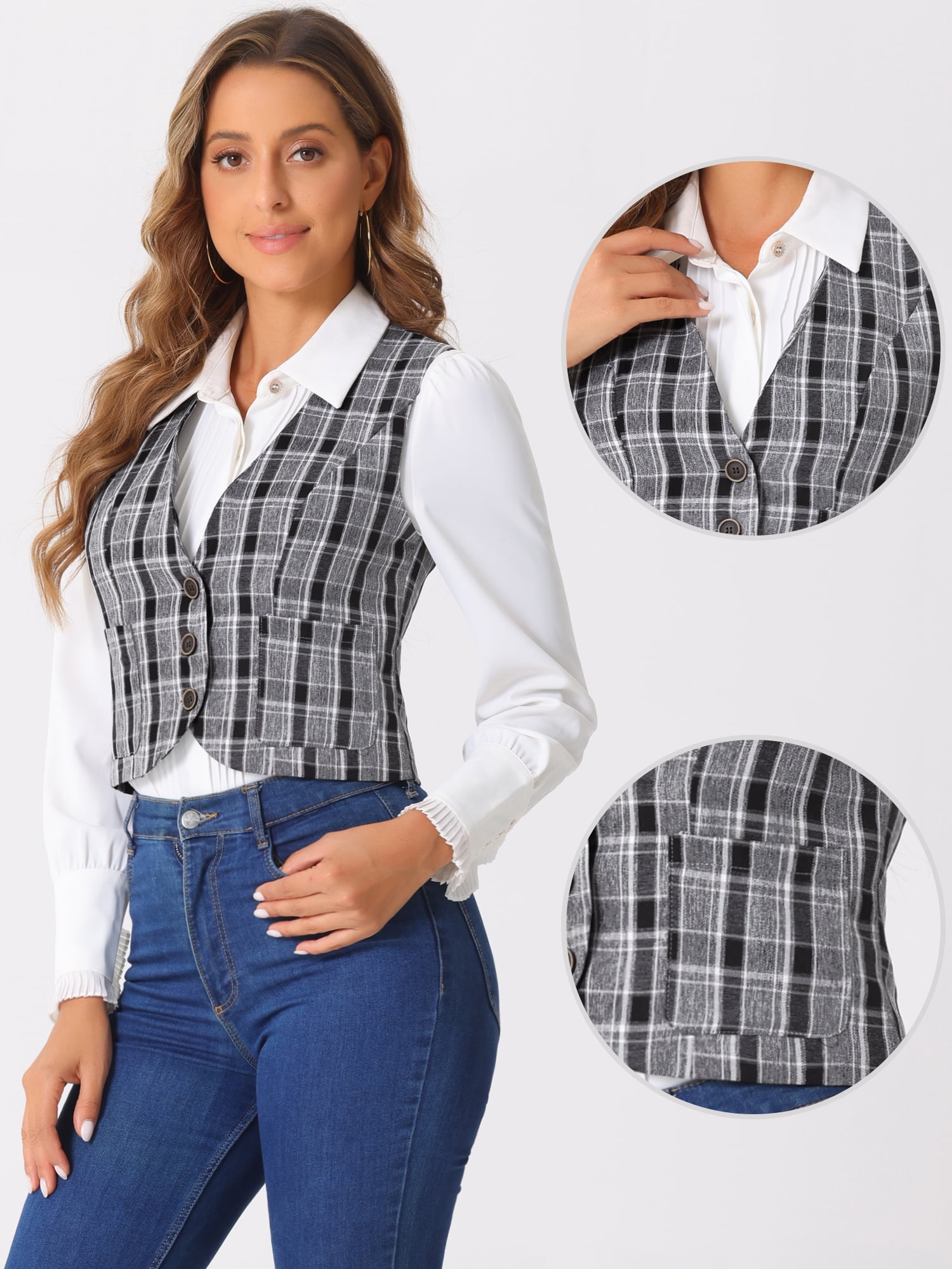 DARING DIVA Women's Plaid Single Breasted Sleeveless Racerback Waistcoat XL Black White