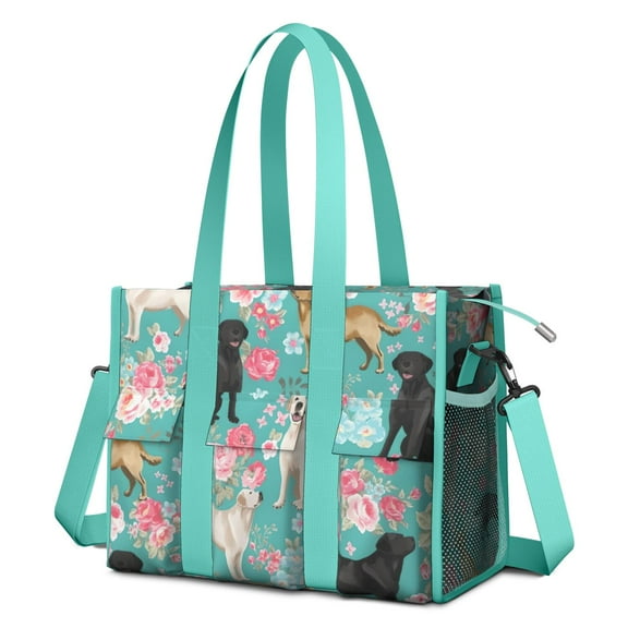 Teacher Tote Bag,Labrador Dogs with Pioneer Flower Teacher Utility Tote Bag,Large Work Tote Bags for Women with Multiple Pockets,Top Zipper Closure,13.8x10.6x6.7 Inch