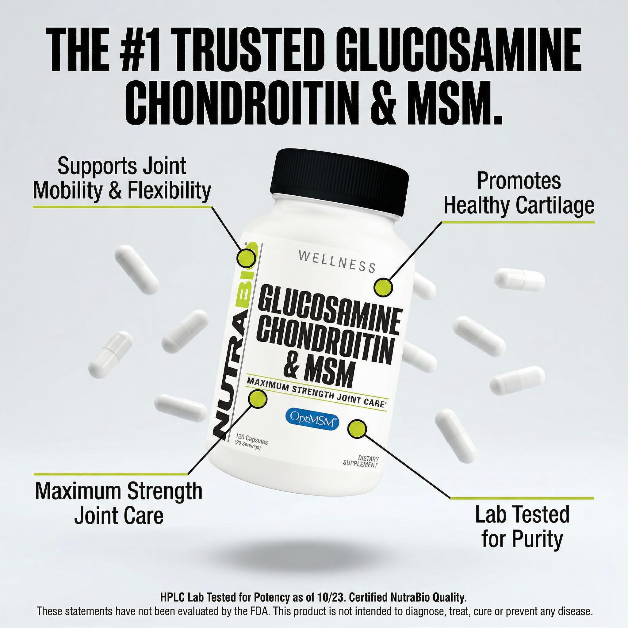 NutraBio Glucosamine Chondroitin & OptiMSM Supplement, Joint Support Formula - 120 Capsules (120 Count)
