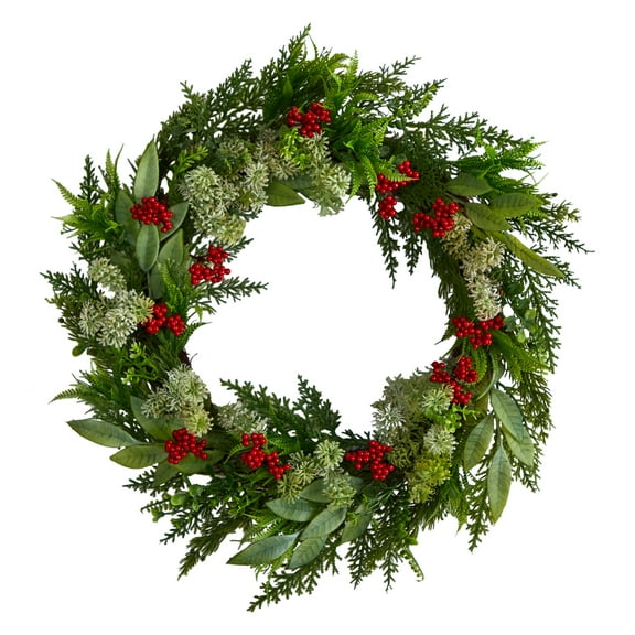 Nearly Natural Cedar Eucalyptus Berries Plastic Unlit Wreath, 24" (Green)