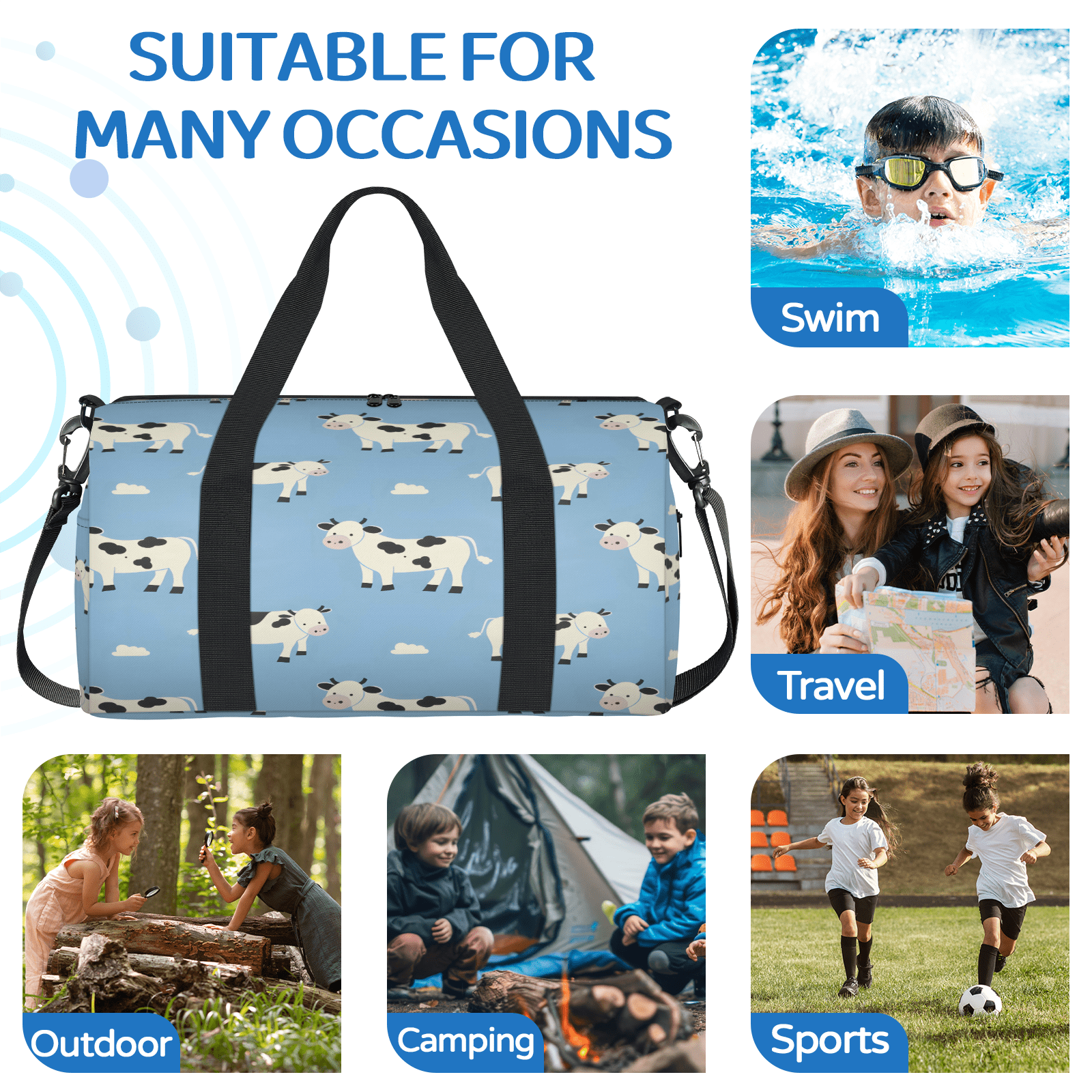 Herdesigns Cow Pattern Travel Duffle Bag Sports Yoga Weekender Overnight Carry on Workout Bags Lightweight Waterproof Gym Tote Bag for Women