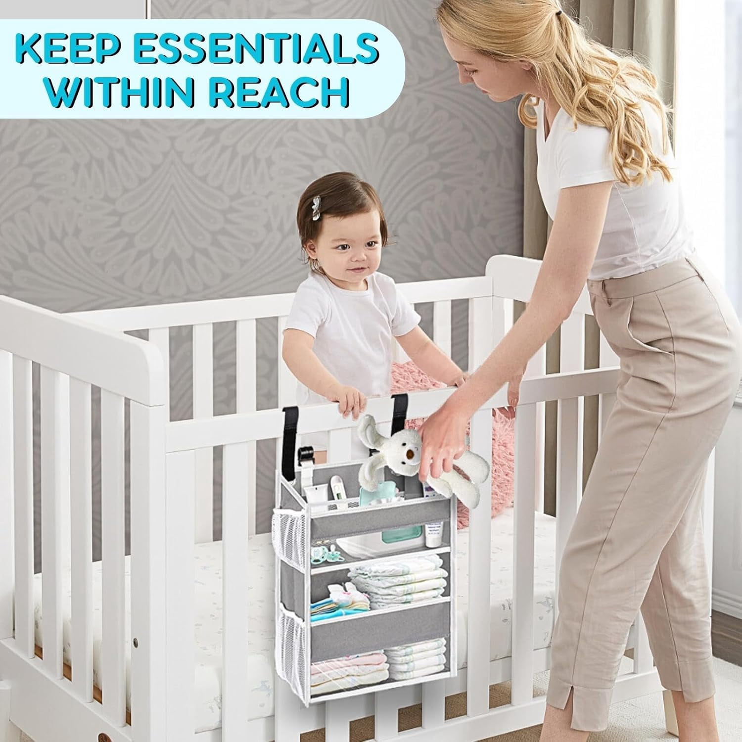 Hanging Diaper Organizer for Changing Table, Durable 2-Tier Nursery Storage Organizer with Mesh Pockets, Fits Crib, Playard, Wall or Car, Light Gray
