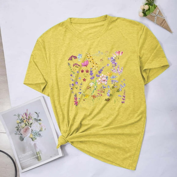 Fiudx Ropa de Mujer Blusas con Estampado de Flores Pequeñas para Mujer Top de Manga Corta con Cuello Redondo