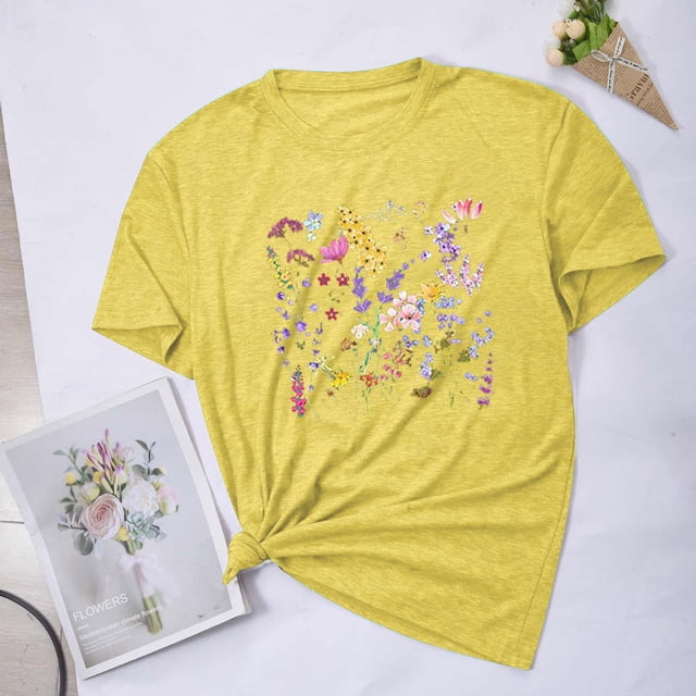 Fiudx Ropa de Mujer Blusas con Estampado de Flores Pequeñas para Mujer Top de Manga Corta con Cuello Redondo