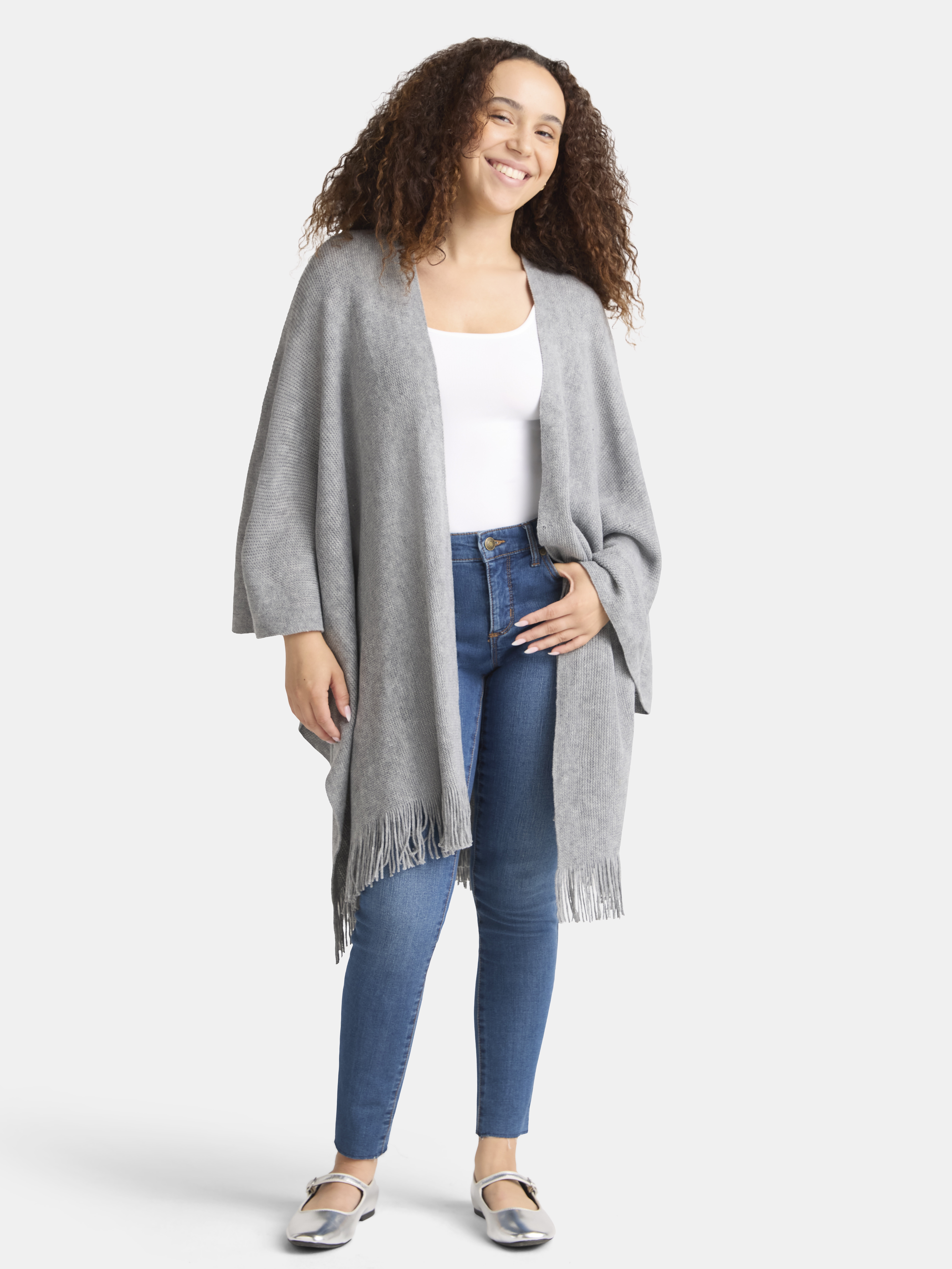 Time and Tru Women's Raschel Knit Ruana Coverup, One Size, Grey