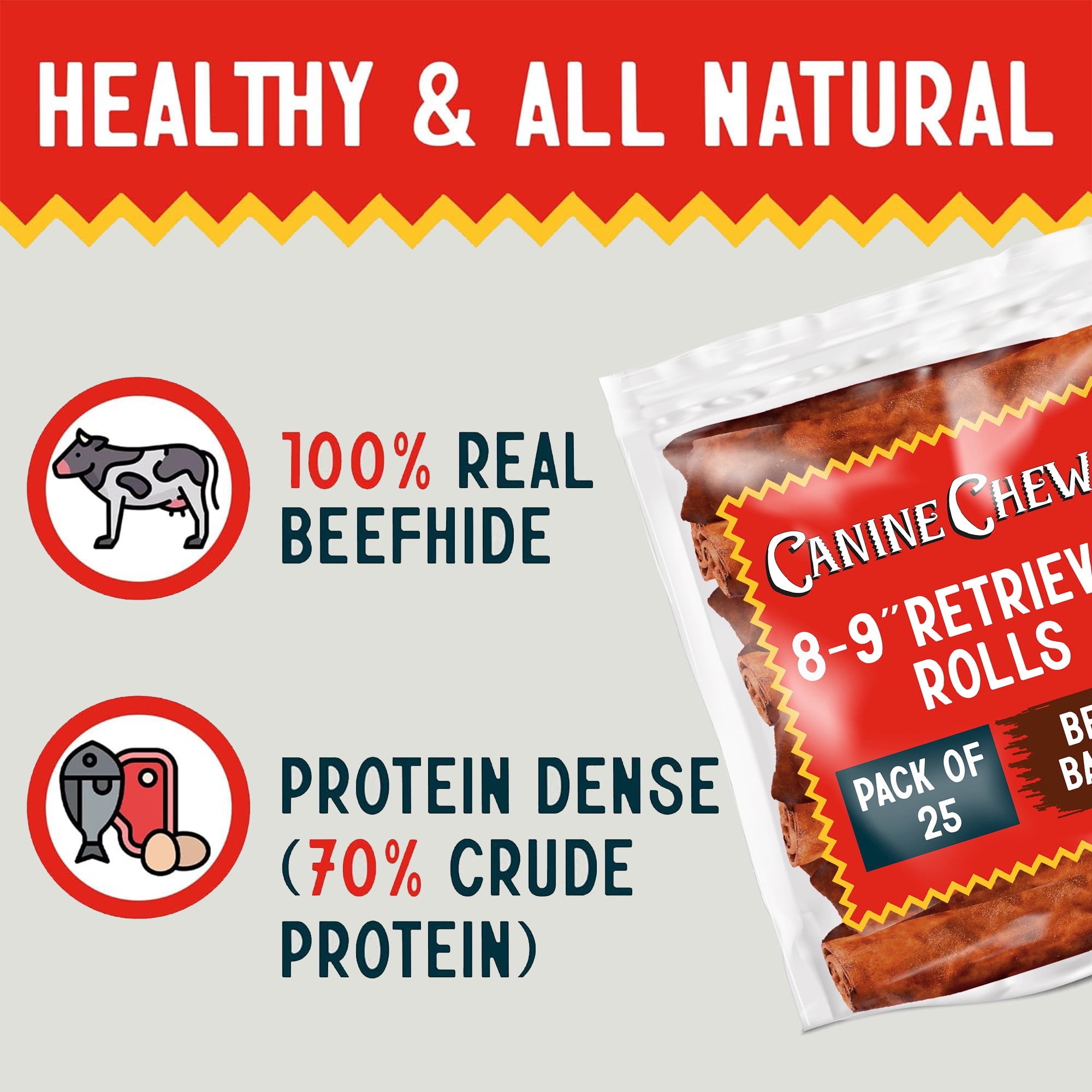 CANINE CHEWS 8-9" Beef Basted Large Rawhide Dog Bones | Retriever Roll Bones for Dog Treats | Canine Chews Beef Basted Rawhide Bones 25 Pack