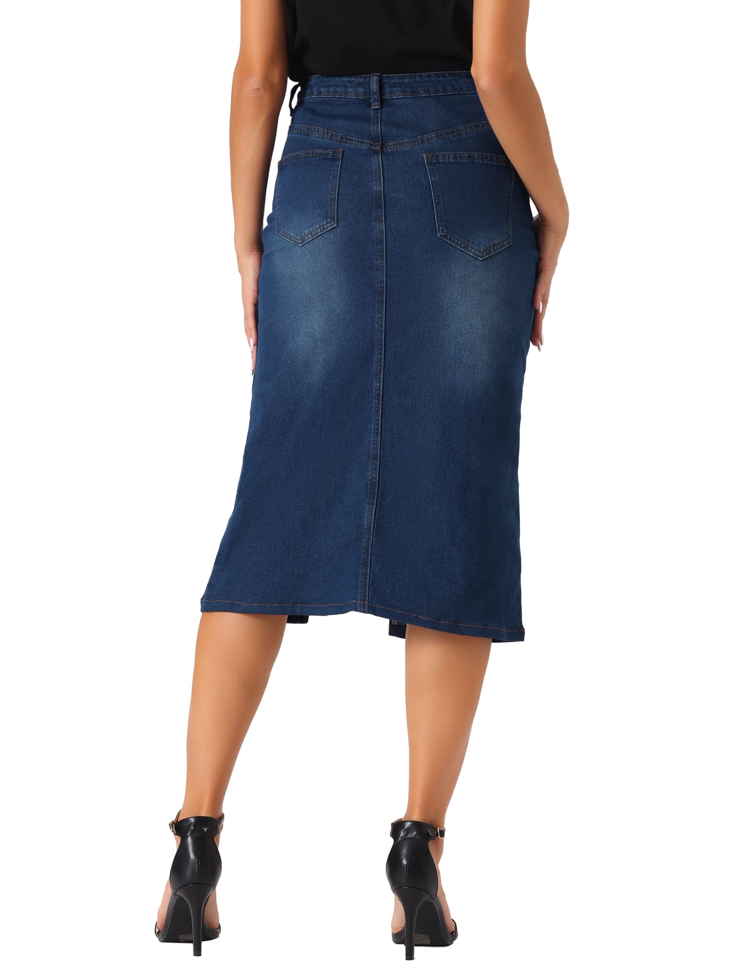 INSPIRE CHIC Midi Denim Skirt for Women's High Waist Slit INSPIRE CHIC Midi Denim Skirt for Women's High Waist Slit