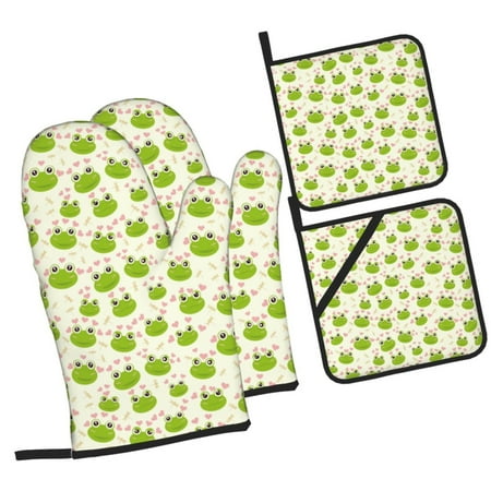 

Honeii Green Frog Pattern Oven Mitts and Pot Holders Silicone Oven Gloves 500 F Heat Resistant Oven Mitts Sets 4PCS