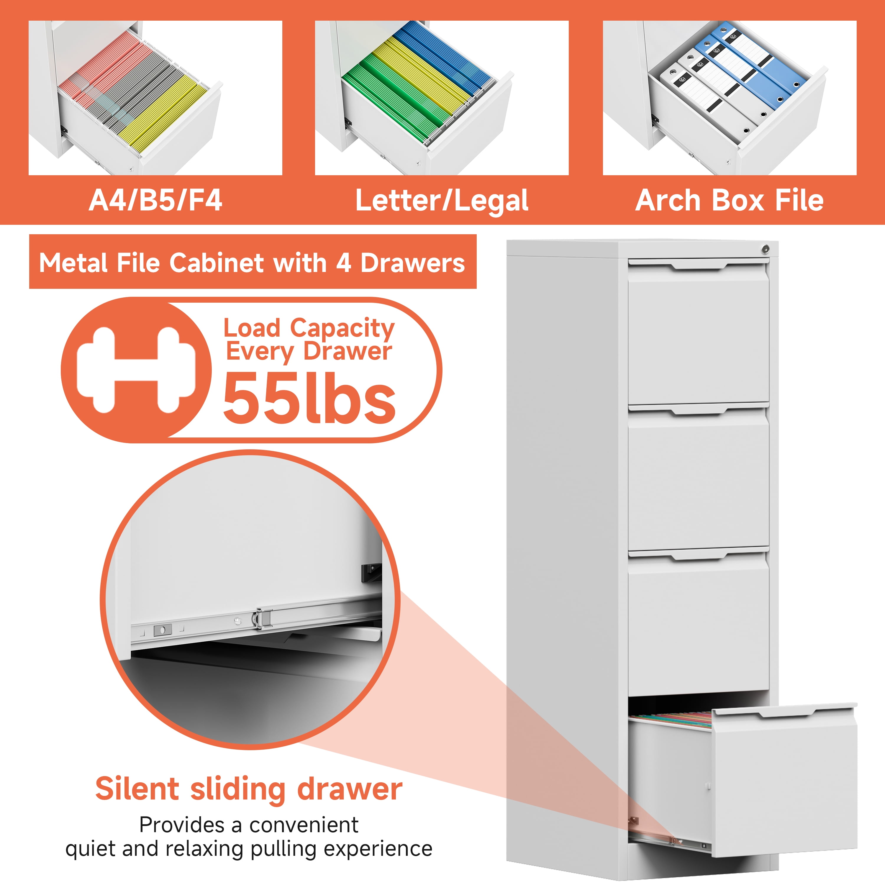 Kooyon 4 Drawer Vertical File Cabinet with Lock, White Metal Filing Cabinet, 17.8" Deep, Fits A4/Letter/Legal, Home Office -Assembly Required
