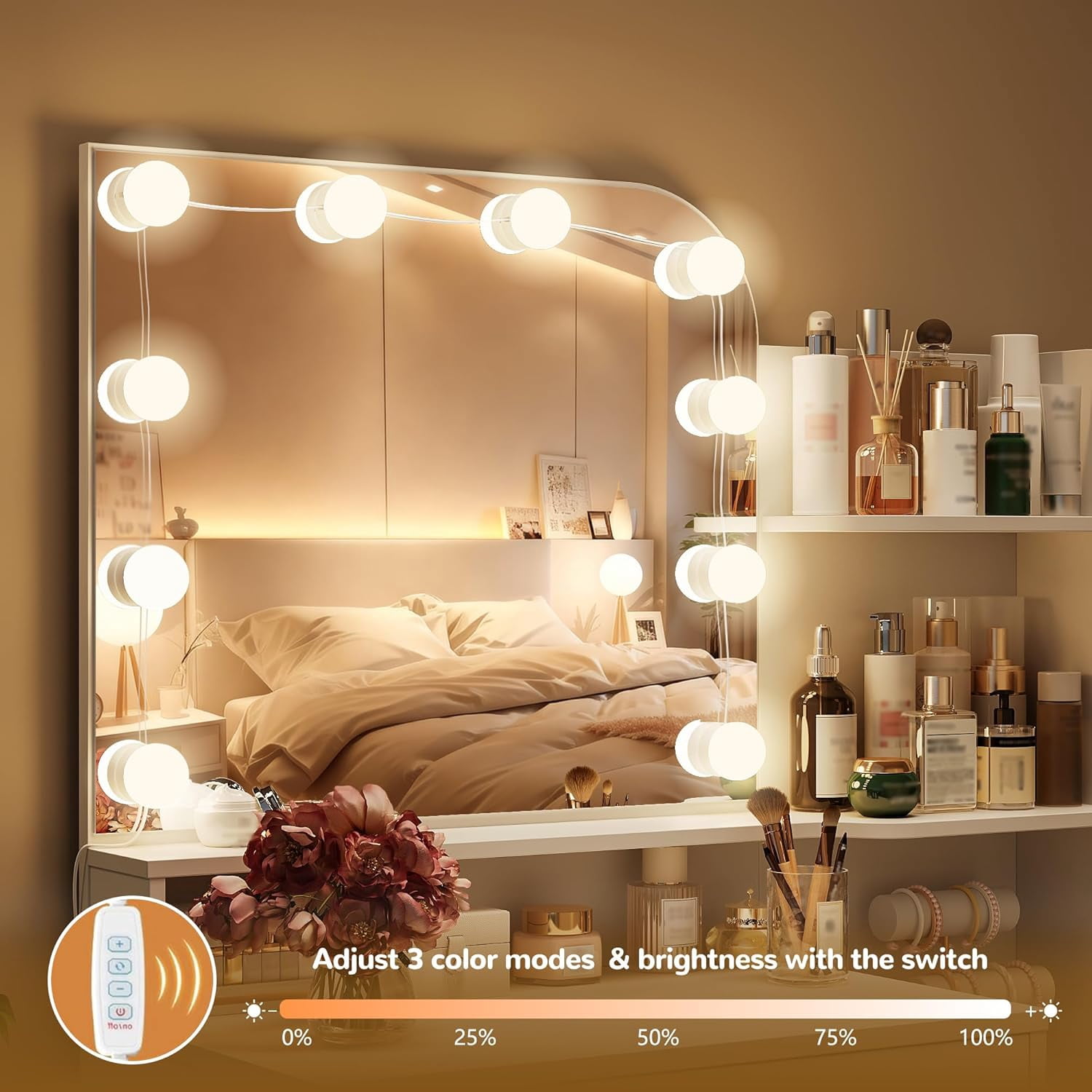 32" Makeup Vanity Desk with Mirror and Lights, 3 Lighting Colors, 5 Storage Shelves & Large Drawer, White Vanity Set for Bedroom, Girls and Women
